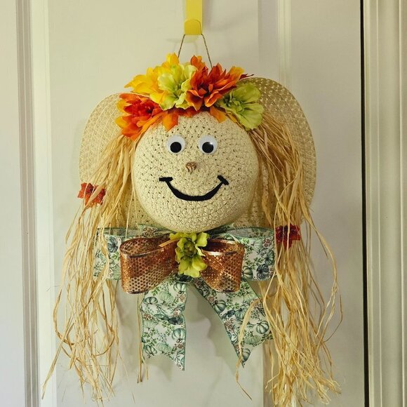 Scarecrow Fall Hat Wreath Autumn Door Hanger - Picture 3 of 4
